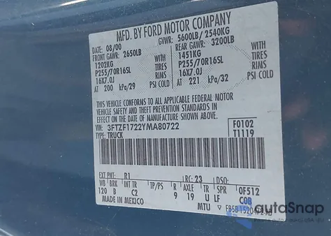 2000 Ford F-150 Work Series/Xl/Xlt from USA, damaged, VIN 3FTZF1722YMA80722